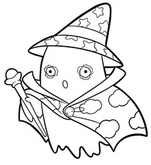 Cute ghost wizard holding magic staff coloring page, spooky halloween line art design