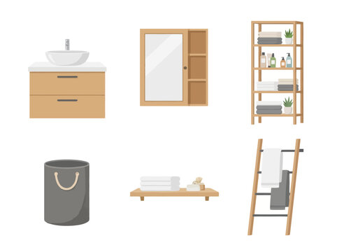 Set of modern bathroom furniture and accessories in flat vector style.