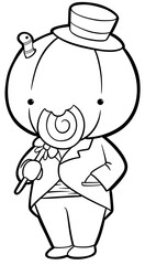 Cute pumpkin head man eating sweet lollipop coloring book page, halloween outline art