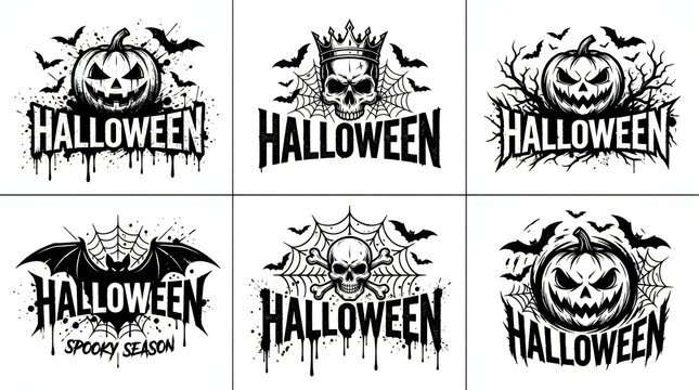 Happy Halloween day Vintage Halloween badge collection, 6 spooky season emblems with pumpkins and skulls, black ink horror illustrations for t-shirt design and posters nice jpg