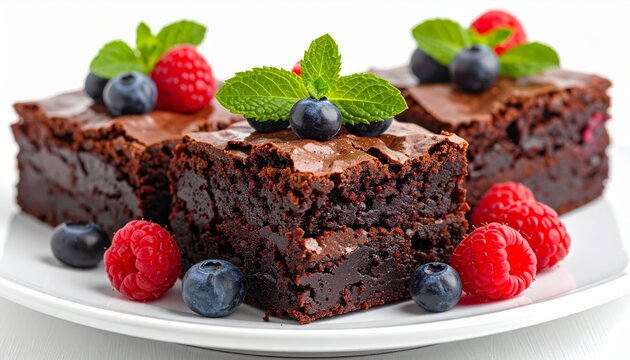 Decadent Chocolate Cake Slice with Fresh Strawberries and Raspberries on a White Plate Gourmet Berry Dessert