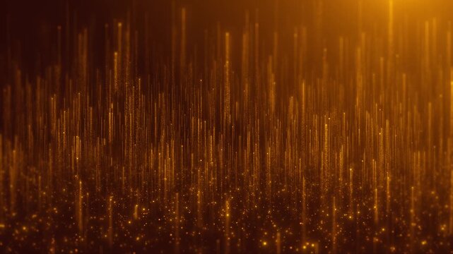 Golden digital particle rain background light streaks, glowing dust, and warm futuristic atmosphere. for 19 , luxury intros, data visuals, festive promos, title screens abstract motion