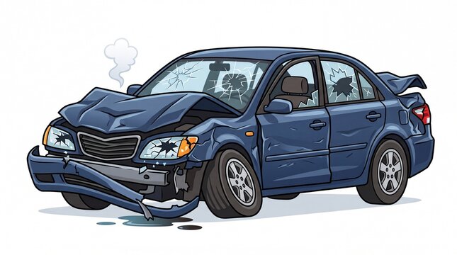 Detailed illustration of a severely damaged blue sedan car wreck shown on transparent background