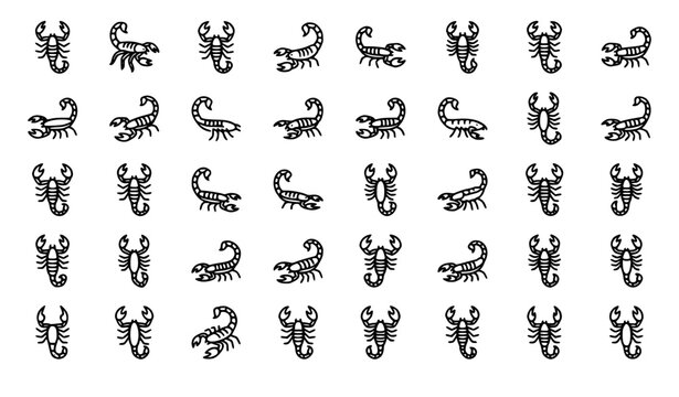 Scorpion icons collection diverse poses and styles for design projects