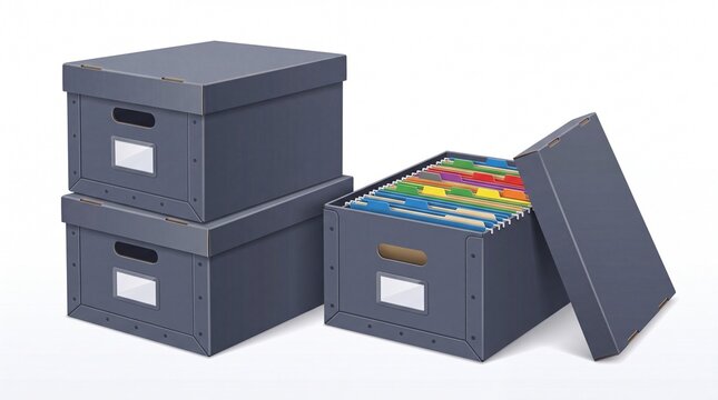 Stacked dark grey cardboard storage boxes with colorful file folders inside depicted on transparent background