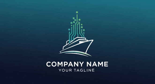 Minimalist ship logo design with binary code elements on dark background.