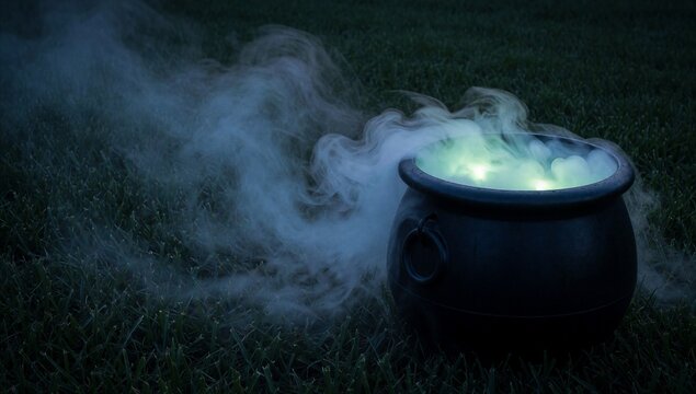 Black cauldron with green smoke on grass at night, halloween magic concept