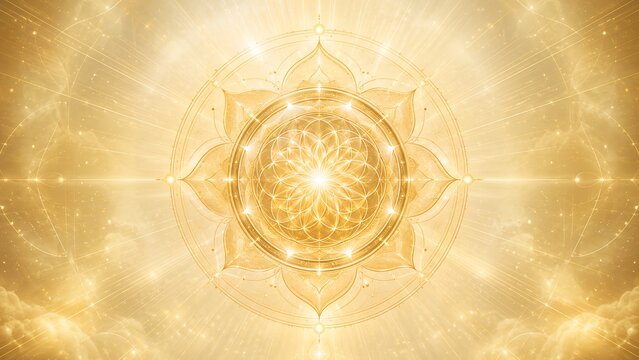 Golden Sacred Geometry Lotus Mandala with Radiant Spiritual Light