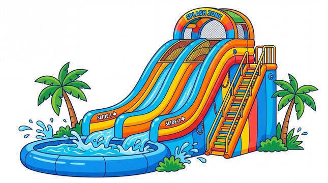 Colorful inflatable water slide attraction with pool and palm trees isolated on transparent background