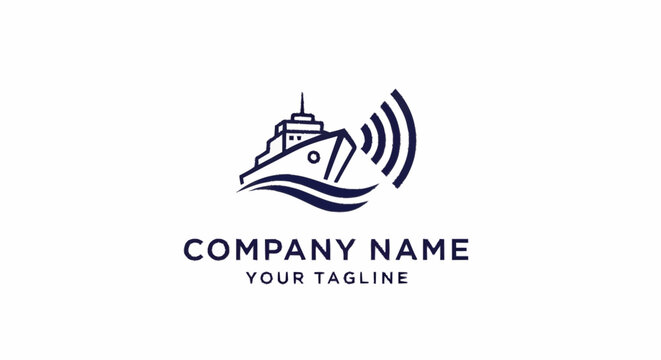 Minimalist cruise ship logo design with wave and signal elements.