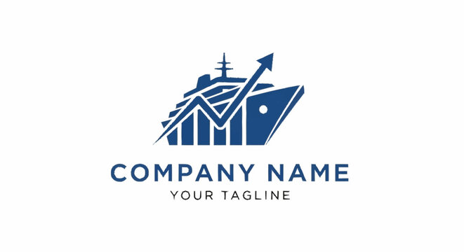Minimalist blue company logo with ship and growth chart.