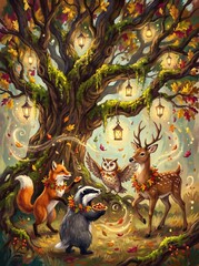 Fototapeta premium Wildlife Story Collection, Enchanted Gathering Under the Ancient Oak Tree