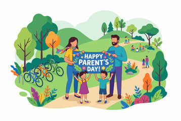 Fototapeta premium Cheerful family holding a Parents Day banner in a sunny park