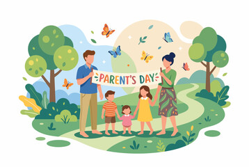 Fototapeta premium Happy Family Holding a Parents Day Banner in a Sunny Green Park