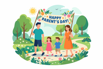 Naklejka premium Happy family holding a banner for Parents Day in a sunny park