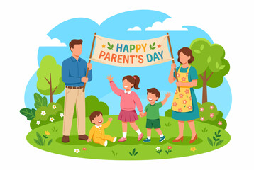 Naklejka premium Happy Family Celebrating Parents Day with Banner in Sunny Park