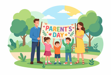 Naklejka premium Happy Family Holding Parents Day Banner in Sunny Park Illustration