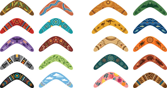 Australian Boomerang Vector Collection featuring Traditional Aboriginal Art Indigenous Patterns Kangaroo Turtle and Nature Motifs for Cultural Education and Creative Graphic Designs