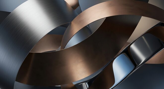 Curved metallic ribbons in bronze and silver tones
