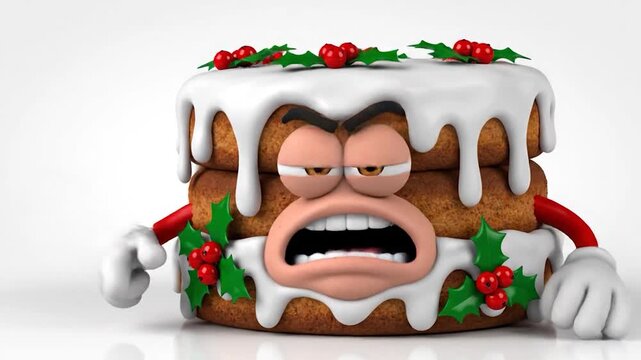Angry Christmas cake character pointing with a gloved hand