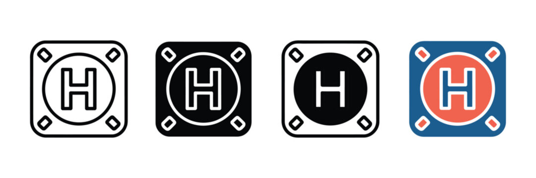 Helipad icon set in four styles, helicopter landing pad symbols, aviation transport signs for maps and apps, flat vector illustration