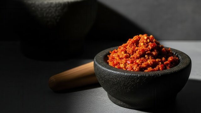 Sambal Belacan Chili Paste in Stone Mortar