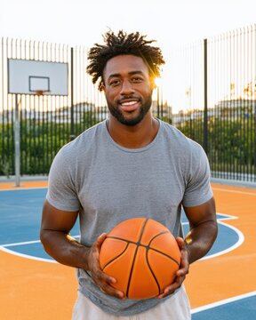 Smiling athlete holding a basketball on an outdoor court at sunset