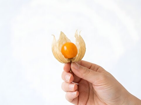 Hand holding physalis fruit against white background