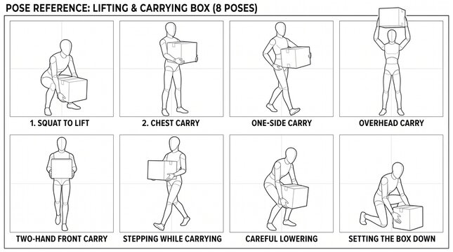 Post reference guide for safe lifting and carrying boxes in warehouse. Step-by-step manual handling instructions for workplace safety training.
