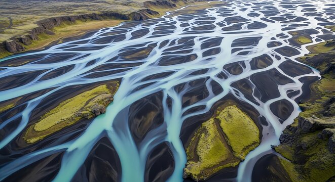 Aerial view of braided river in volcanic landscape
