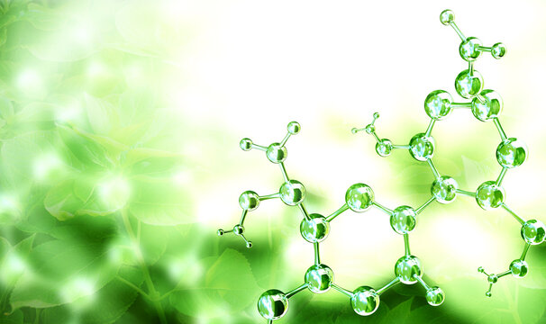 Horizontal sunny background with organic molecular structure with green hues. 3d glass atom model. Ecology, go green, Green Energy, environmental, conservation protection concept. Copy space for text