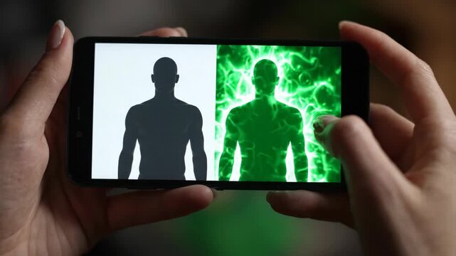 Human silhouette digital screen smartphone glowing green energy effect technology hand holding abstract male figure electric aura concept display