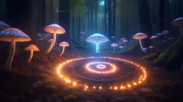 Mystical glowing mushrooms in enchanted forest night ritual loop