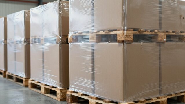 Rows of large cardboard boxes stacked on wooden pallets and securely wrapped in clear plastic film, ready for storage or shipping within a modern warehouse.