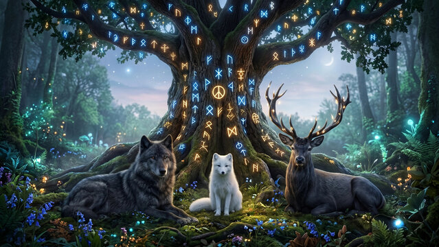International Day of Peace. Fantasy: a white fox sitting peacefully between a wolf and a deer under a giant ancient tree with glowing runes of peace