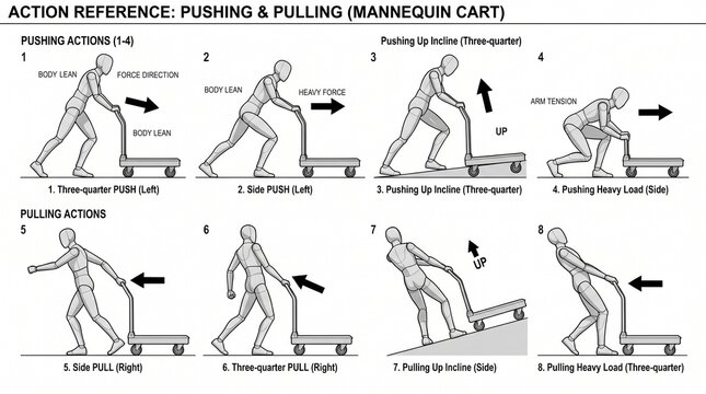 Male and female mannequins demonstrating push and pull warehouse techniques. Industrial training dummies showing manual material handling with cart...