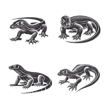 Monitor lizard komodo dragon silhouette set featuring exotic reptile profiles for wildlife venture logos