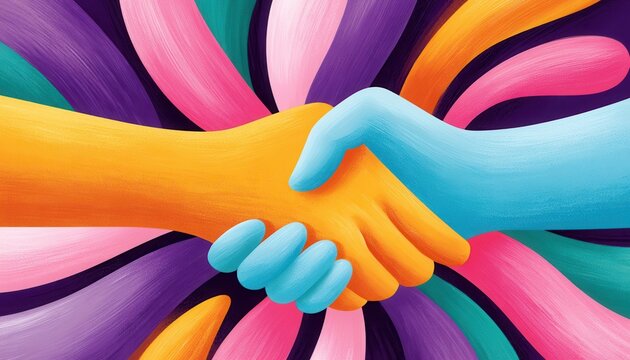 Colorful handshake illustration representing partnership, cooperation and unity with textured brushstrokes