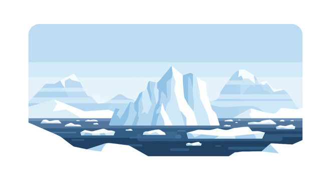 Arctic landscape with floating icebergs in deep blue ocean