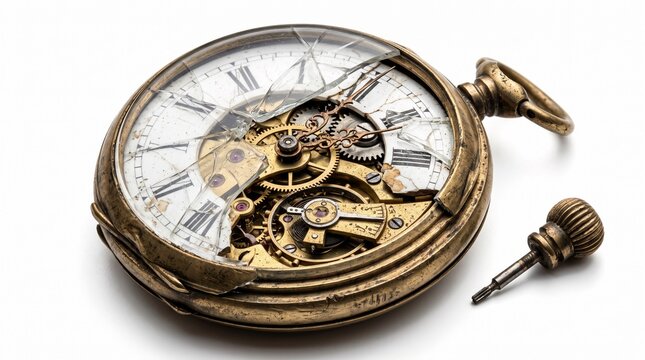 Broken Vintage Pocket Watch on White Background