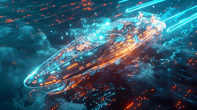 Abstract Futuristic Autonomous Smart Ship Dynamic Ocean Navigation Concept with Glowing Blue Light Trails Orange Data Particles and Smoke Clouds over Dark Surface