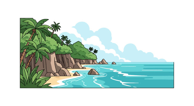 Tropical beach landscape with palm trees and rocky cliffs