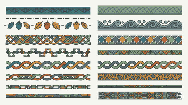 Zestaw ozdobnych bordiur i pask&oacute;w z motywami etnicznymi, geometrycznymi oraz roślinnymi w stylu vintage, idealne do projekt&oacute;w graficznych, zaproszeń i dekoracji artystycznych.