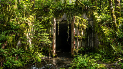 Obraz premium Mystical Ancient Temple Ruins Reclaimed by Lush Green Forest Vegetation and Mossy Ferns