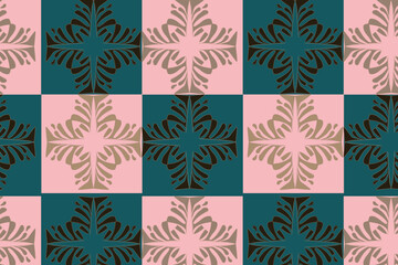 Naklejka premium Floral medallions alternate in a pink and teal checkerboard layout for a bold quilt-style print. Perfect for fabric and home decor.