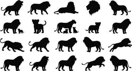 Assorted black lion silhouettes featuring different poses like walking, resting, and jumping isolated on a white background, for projects © GR Graphics
