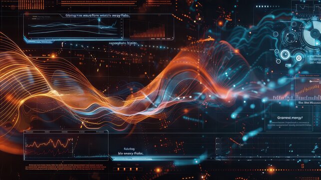 Data stream visualization displays glowing orange and blue light waves moving across a digital interface.