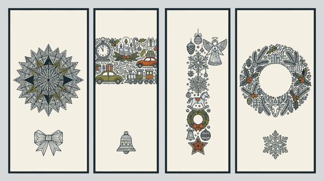 Conjunto de quatro marcadores de p&aacute;gina verticais com ilustra&ccedil;&otilde;es de Natal desenhadas &agrave; m&atilde;o, incluindo guirlandas, flocos de neve, anjos e elementos festivos em estilo vintage.