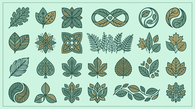 Conjunto de iconos vectoriales planos con motivos de hojas estilizadas, elementos bot&aacute;nicos decorativos y s&iacute;mbolos de naturaleza en tonos verdes y tierra sobre un fondo claro.