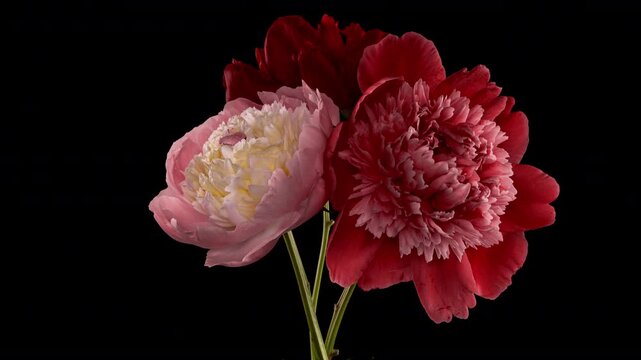 Three Peony Flowers Blooming at Different Stages of Growth Timelapse